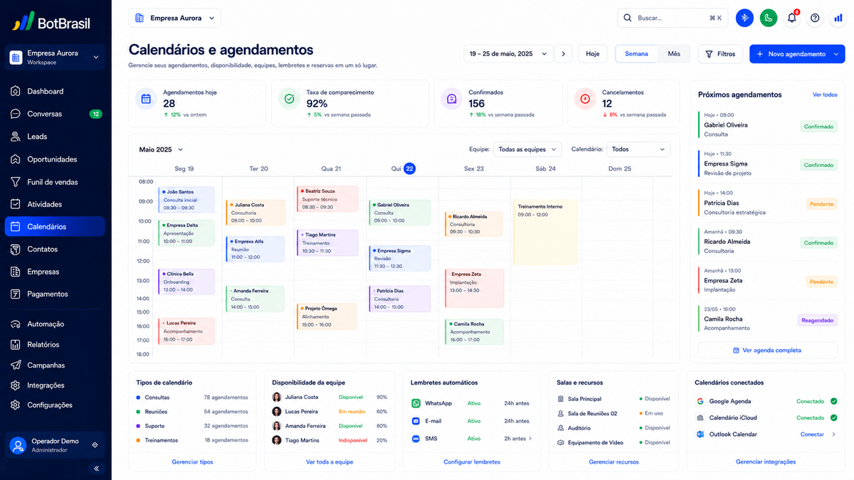 Calendário de agendamento online da BotBrasil com horários disponíveis e confirmação automática — BotBrasil para imobiliárias