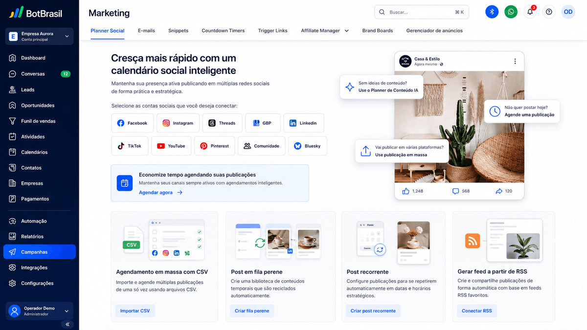Painel de marketing da BotBrasil com gestão de redes sociais, campanhas e relatórios de conversão — BotBrasil para imobiliárias